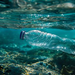 Bottiglia di plastica che galleggia nell'oceano, simbolo dell'inquinamento da cui nascono i gadget in plastica riciclata