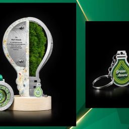 Trofeo personalizzato sostenibile con muschio stabilizzato, acciaio e base in legno